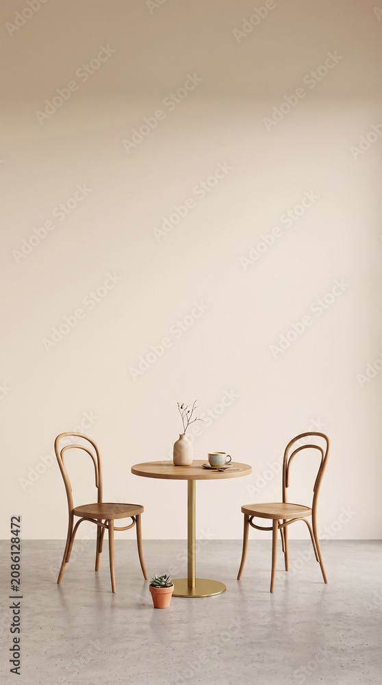 Fototapeta premium Aesthetic Cafe Dining Setup Mockup with Wooden Round Table and Bistro Chairs