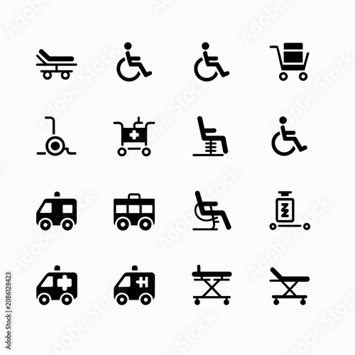 Medical equipment icons black glyph collection featuring stretcher wheelchair ambulance medical cart and healthcare symbols for hospitals emergency services and clinical applications.