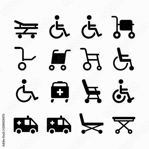 Medical equipment glyph icon set including stretcher wheelchair ambulance trolley and medical cart symbols for emergency care hospital navigation and healthcare signage.