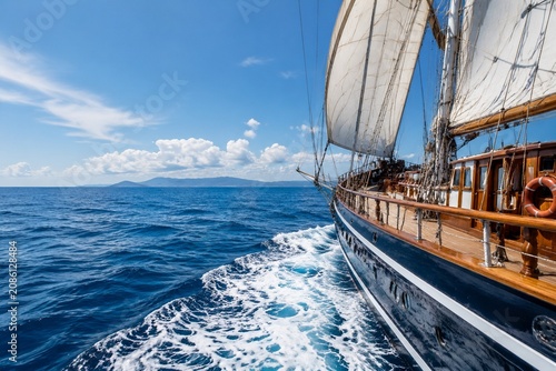 View from classic sailing ship, blue ocean parting into white wake.