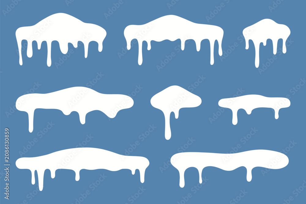 Fototapeta premium White snow drips and icicles on blue background, winter decoration and seasonal elements. Vector illustration