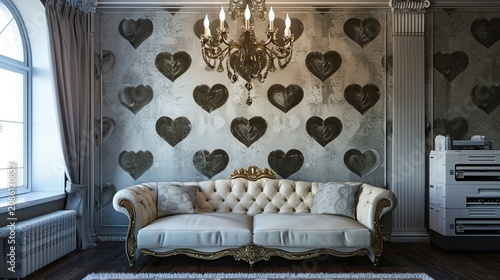 Elegant vintage living room with heart-patterned wallpaper, chandelier, and plush tufted sofa