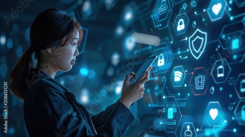 Businesswoman reviews complex digital security protocols on a tablet screen while bright neon blue icons illuminate her face in a dark workspace.