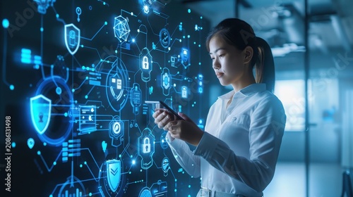 Professional woman interacts with a large glowing interface featuring intricate cybersecurity network nodes and bright blue padlock symbols in a modern, dimly lit office setting that emphasizes.