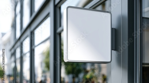 Stunning photo of Square signage mockup on a modern building wall. Perfect for branding and logo.