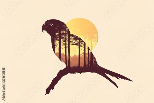 Parrot silhouette with sun and cage