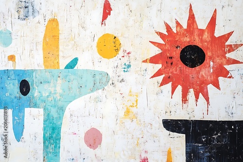 Vibrant abstract wall art with sun and shapes