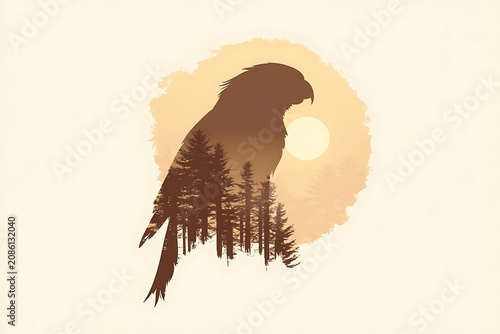 Silhouette of a parrot flying over a forest at sunset