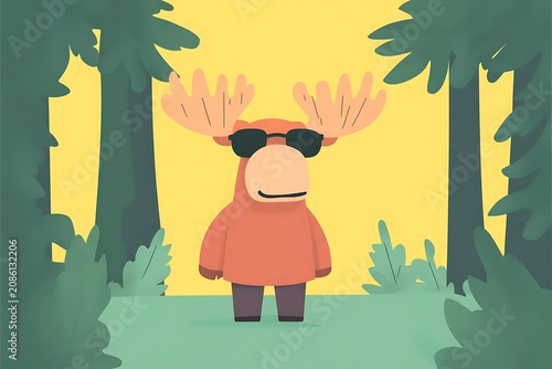 Moose in sunglasses stands in forest