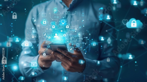 Businessman engages with a futuristic cybersecurity dashboard on his smartphone, where intricate glowing node patterns and lock icons symbolize secure global communication and advanced data integrity.