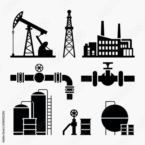 Oil industry icons black glyph collection featuring pumpjack refinery storage tanks pipeline and barrels for petroleum production energy infrastructure and industrial applications.