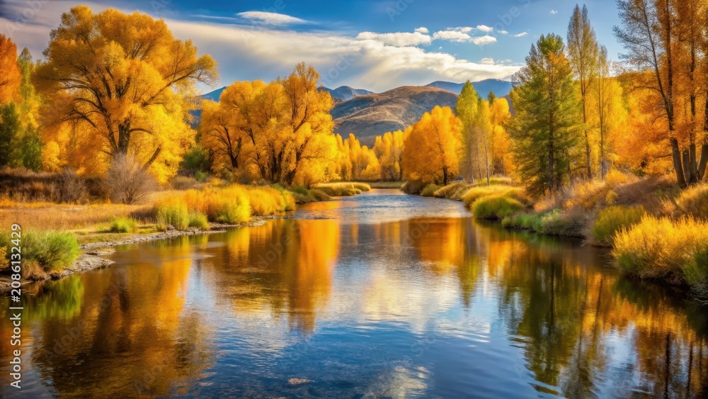 Obraz premium A serene autumn landscape of golden hues along Fishhook Creek in Central Idaho
