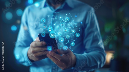 Businessman holds a mobile device while surrounded by a complex web of glowing blue security symbols and interactive data nodes that represent advanced digital authentication and cloud safety.