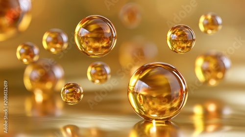 Stunning photo of Golden liquid droplets floating against a blurred golden background
