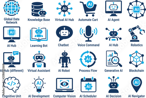 Collection of AI and Technology Icons: Robotics, Bots, Machine Learning, Data, and Innovation for Digital Concepts