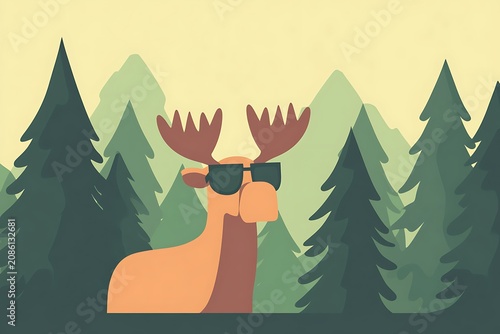 Moose in sunglasses in forest