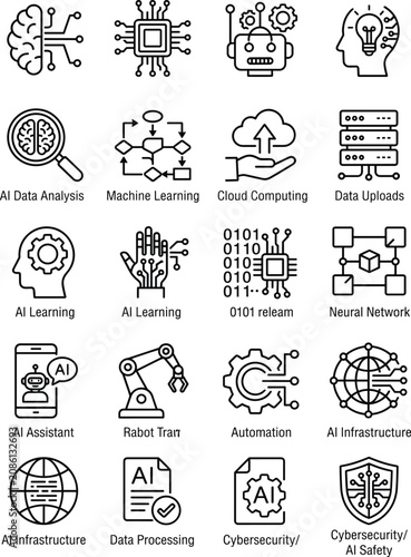 Collection of AI and technology icons representing concepts like machine learning, automation, and data processing.