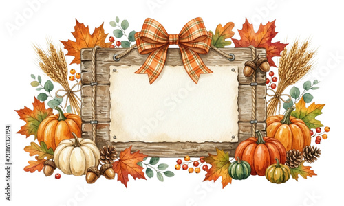 Autumn Harvest Thanksgiving Pumpkin and Maple Leaves Wooden Board Watercolor