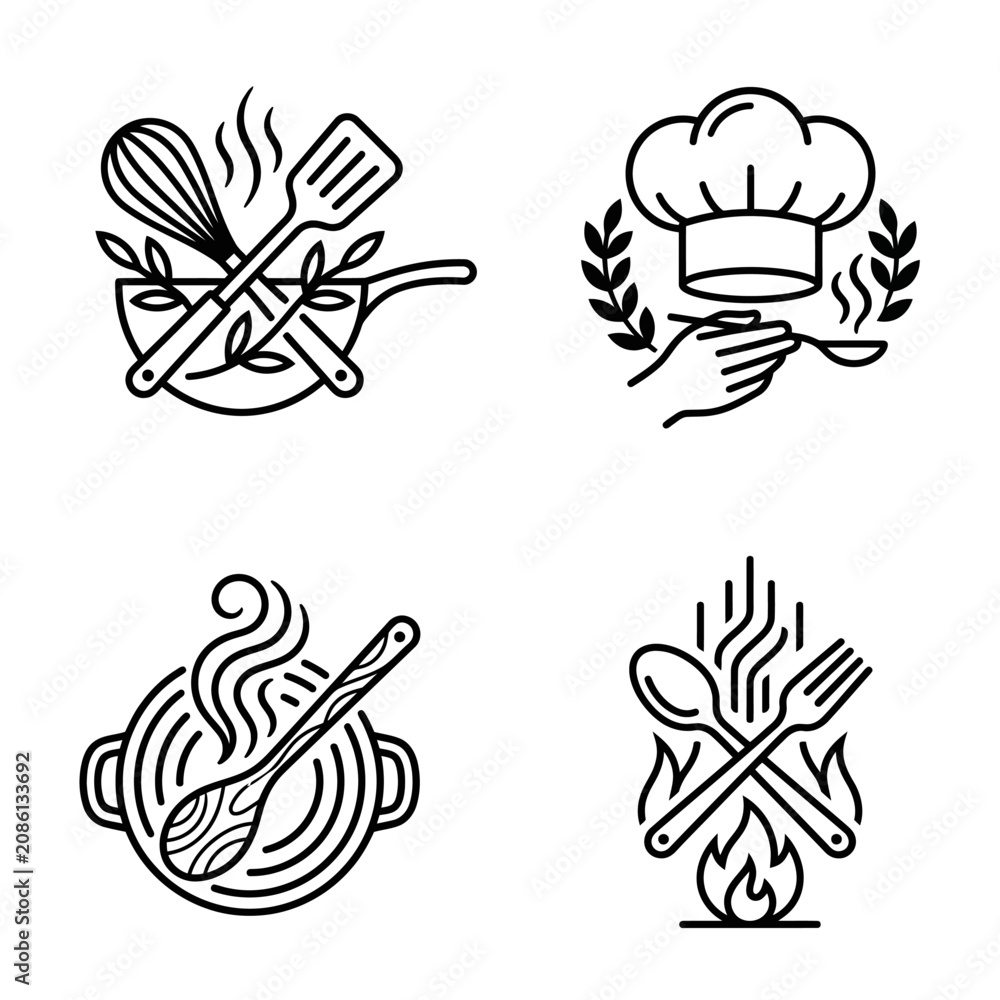 Obraz premium Cooking utensils and chef hat icons.