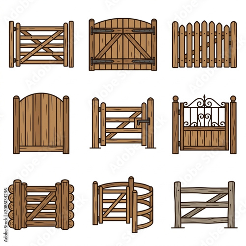 Collection of rustic wooden gates and fences illustration.