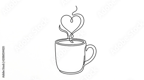 Simple line drawing coffee cup with heart shaped steam design