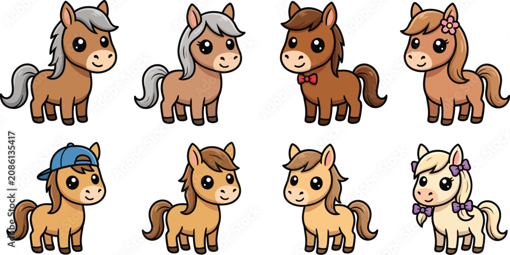 Obraz premium Cute Cartoon Horse Family Mascot Collection with Six Isolated Vector Characters
