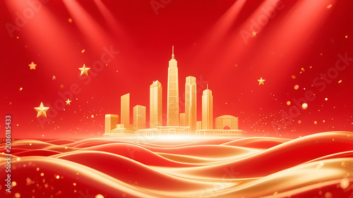 Golden city skyline on red festive background