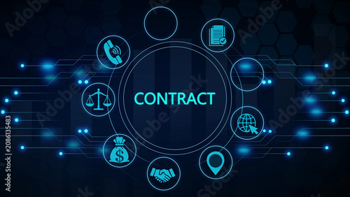 Digital smart contract with blockchain technology, cryptocurrency symbols, and secure data flow digital contract