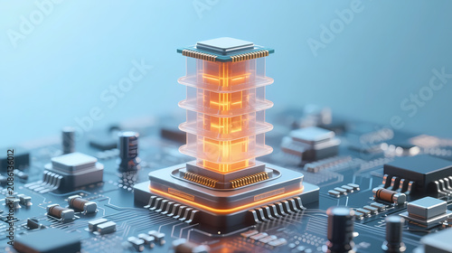 Glowing orange chip tower on blue circuit board