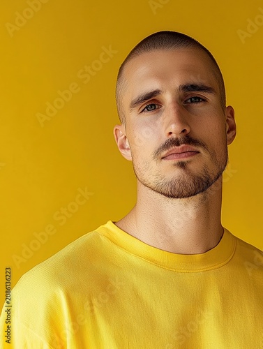 Portrait of a young man with a skeptical expression against a yellow background