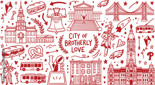 Canvastavla Philadelphia city of brotherly love doodle set, red line art icons of landmarks