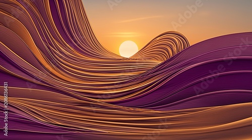 Abstract 3D Liquid Waves with Golden Sunset Background