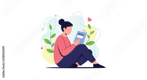 Konstfotografi A stylized vector illustration depicts a woman sitting comfortably on the ground while engrossed in reading a blue book amidst abstract foliage