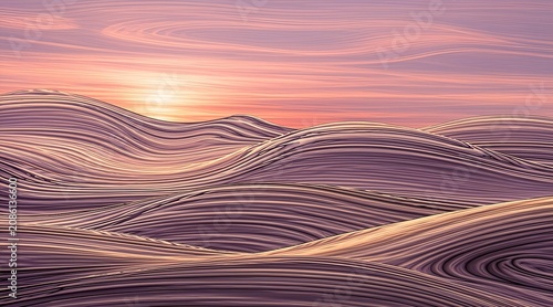 Abstract Swirling Liquid Landscape with Golden Sunset Horizon