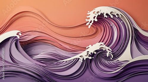 Abstract Paper Cutout Ocean Waves with Gradient Sunset Tones