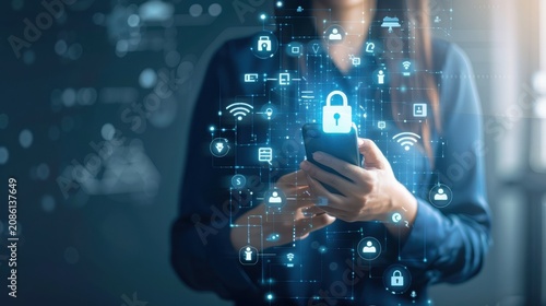 Woman manages her digital identity and account safety by tapping on a glowing padlock icon floating above her handheld mobile device in a high-tech professional office.