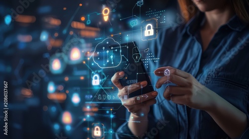 Woman navigates through a sophisticated digital security dashboard projected from her smartphone while standing in a dark room with vibrant neon blue data visualization elements.