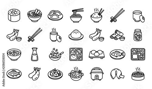 Valokuva Asian Food Line Icons Set with Traditional Cuisine Outline Symbols Collection