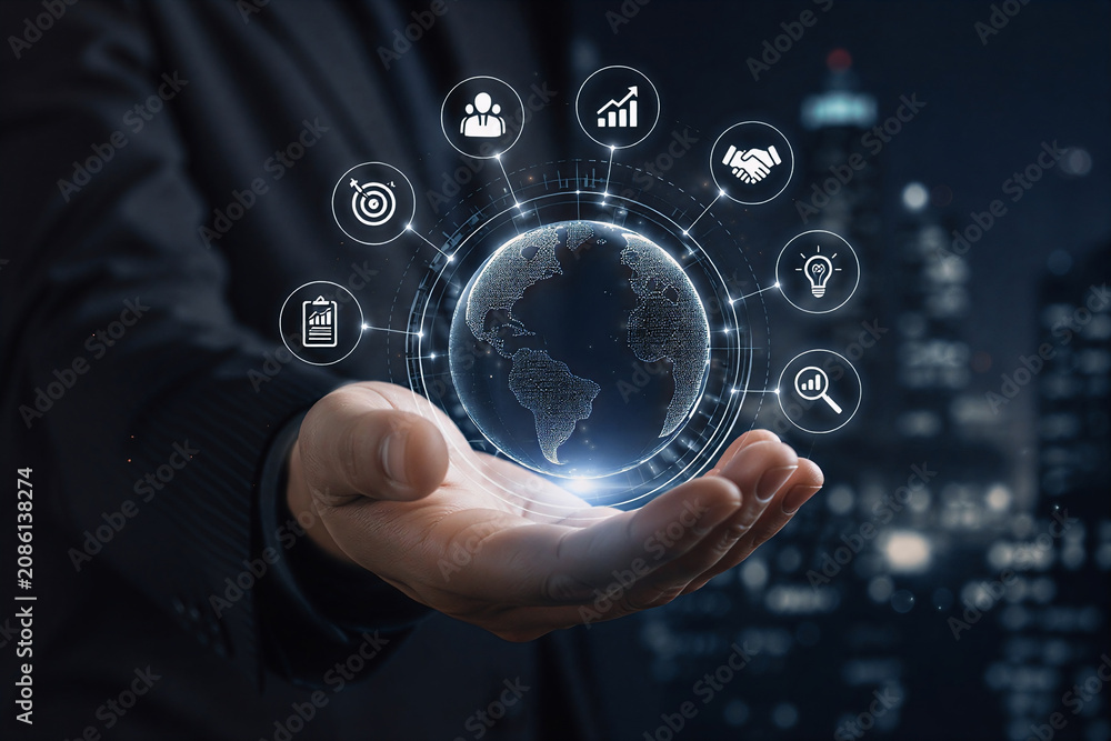 Fototapeta premium Global Business Strategy Connecting Growth, Partnerships, Teams and Market Analysis
