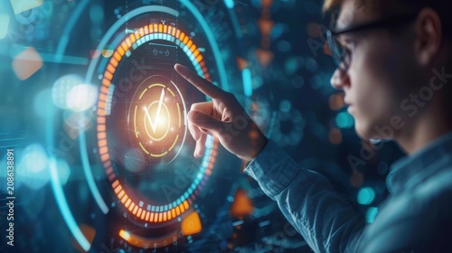 Data analyst interacts with a luminous holographic interface displaying complex circular metrics and glowing orange data points in a high-tech environment that emphasizes modern digital innovation.