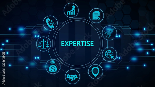 Expertise concept with glowing around a central blue circle on dark background, knowledge skills competence