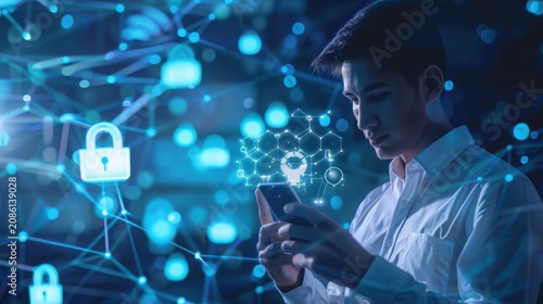 Young professional utilizes a smartphone to navigate intricate glowing network webs and security lock graphics that represent advanced data protection in a high-tech corporate digital landscape.