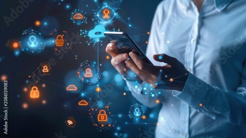 Professional using a smartphone interacts with glowing blue digital security icons and floating network data nodes to manage cybersecurity protocols in a dark, high-tech environment for business.