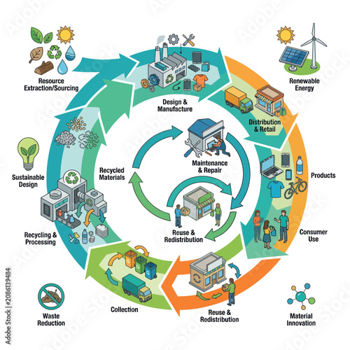 Circular economy infographic detailing sustainable lifecycle stages from resource sourcing to recycling and waste reduction