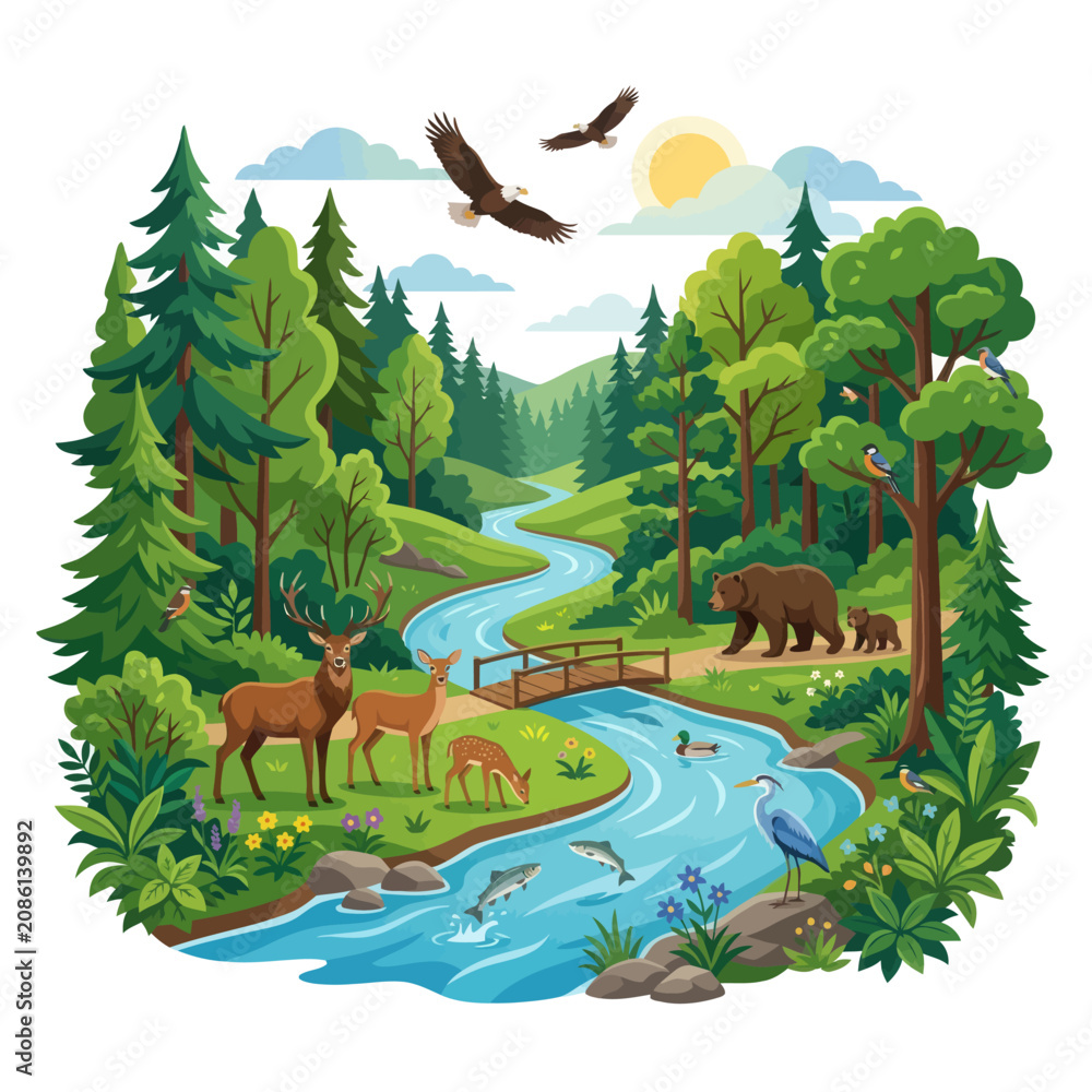 Obraz premium Lush forest ecosystem featuring diverse wildlife a flowing river and mountain scenery