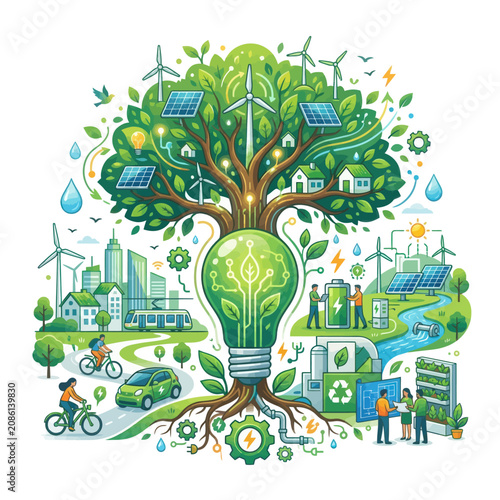 Green energy concept illustration with sustainable ecology technology wind turbines solar panels and eco friendly city