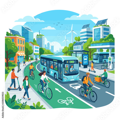Sustainable Urban Transportation Scene with Electric Buses Bicycles and Scooters in a Modern Green Cityscape
