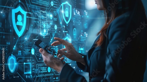 Professional woman interacts with a glowing holographic cybersecurity interface while holding a sleek black smartphone in a dark, high-tech office environment designed for enterprise security.