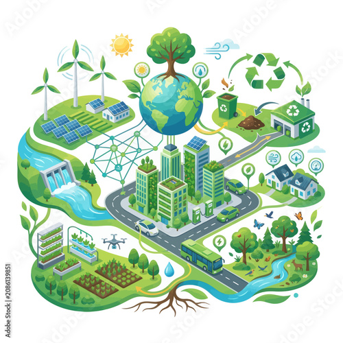 Vibrant illustration showcasing the interconnected concept of a sustainable future city, integrating renewable energy, eco-friendly technology, and green urban planning for a harmonious environment