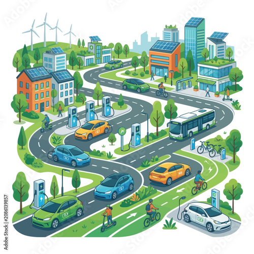 Vibrant illustration of a modern eco-city showcasing sustainable urban living with electric vehicles, solar power, and green infrastructure for a clean future